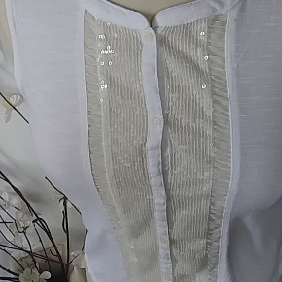 American Eagle Sequin Button Down Sleeveless Blouse w/ Sheer Ruching Siz… - Picture 4 of 9